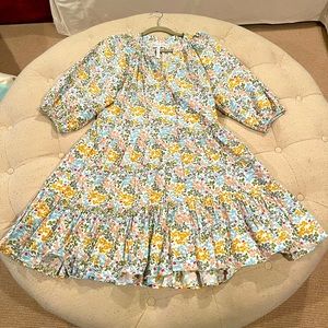 Apiece Apart Floral Tiered Cotton Dress in White, Yellow, Blue, Green